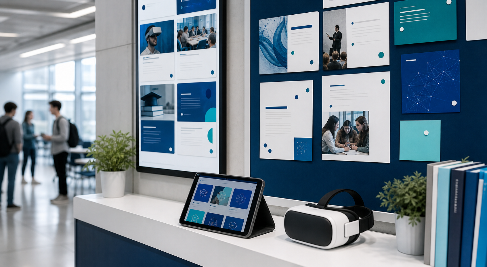 Üniversite ortamında proje duyurularını ve VR eğitim çalışmalarını temsil eden pano